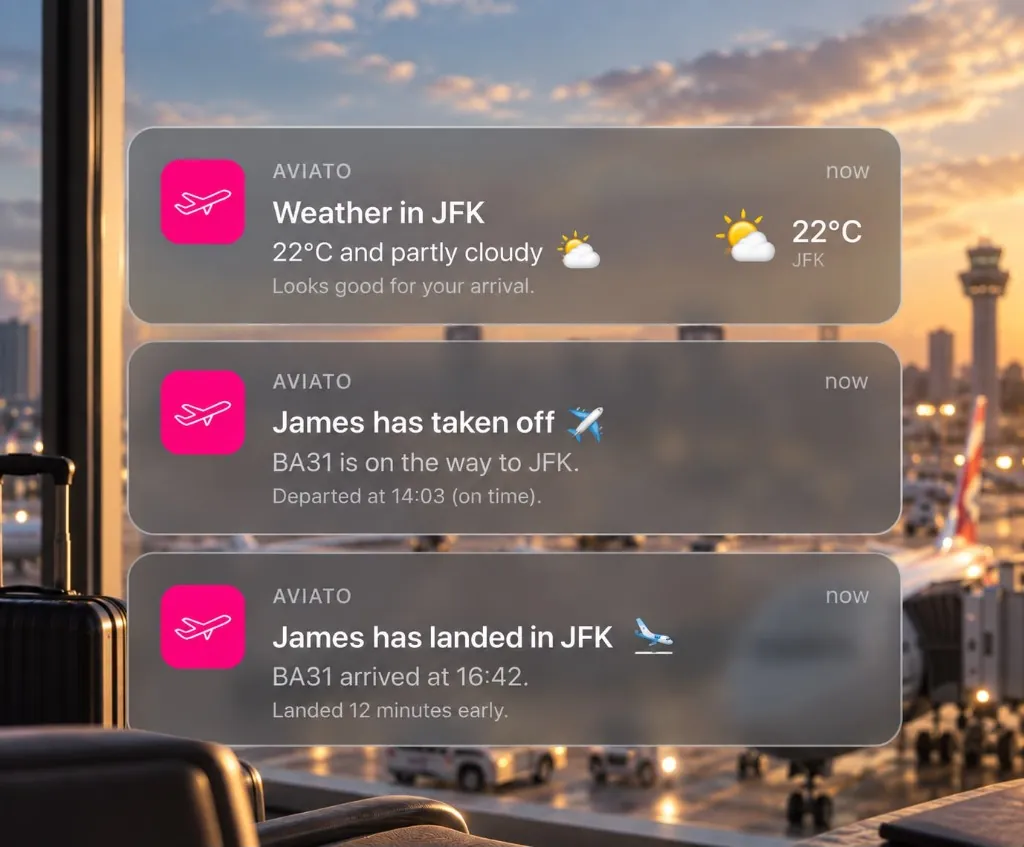 Aviato push notifications for friends and family: weather at JFK, takeoff on BA31, and landing at JFK