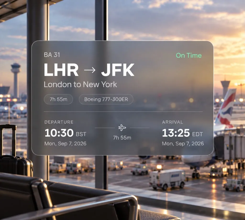Aviato shared flight card for British Airways BA 31 from London Heathrow to New York JFK, on time
